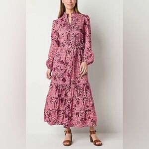 Ryegrass Women's Large Maxi Dress Purple Floral Ikat Cotton Tiered Boho NEW